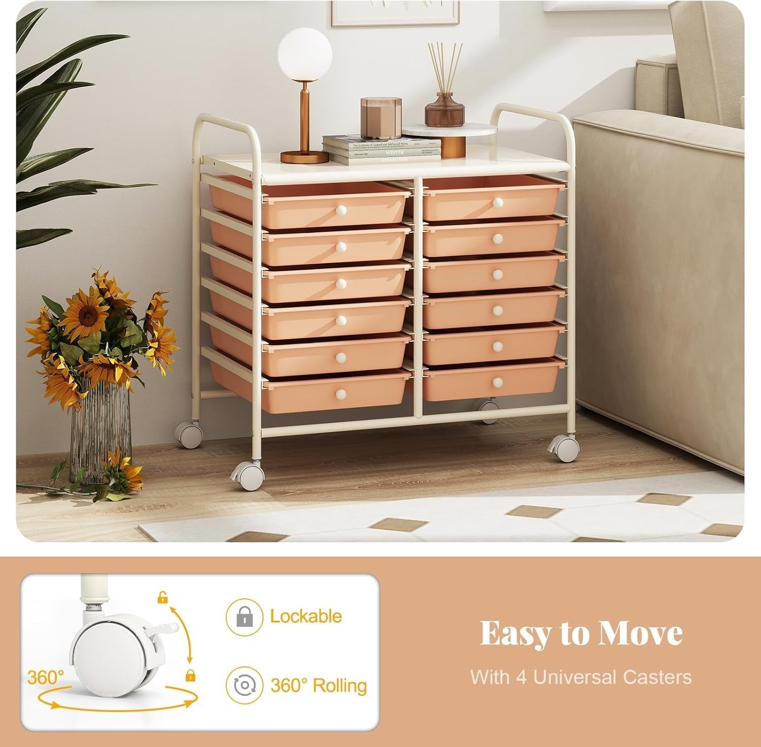 12 Drawer Rolling Storage Cart Utility Trolley Organizer Lockable Wheels