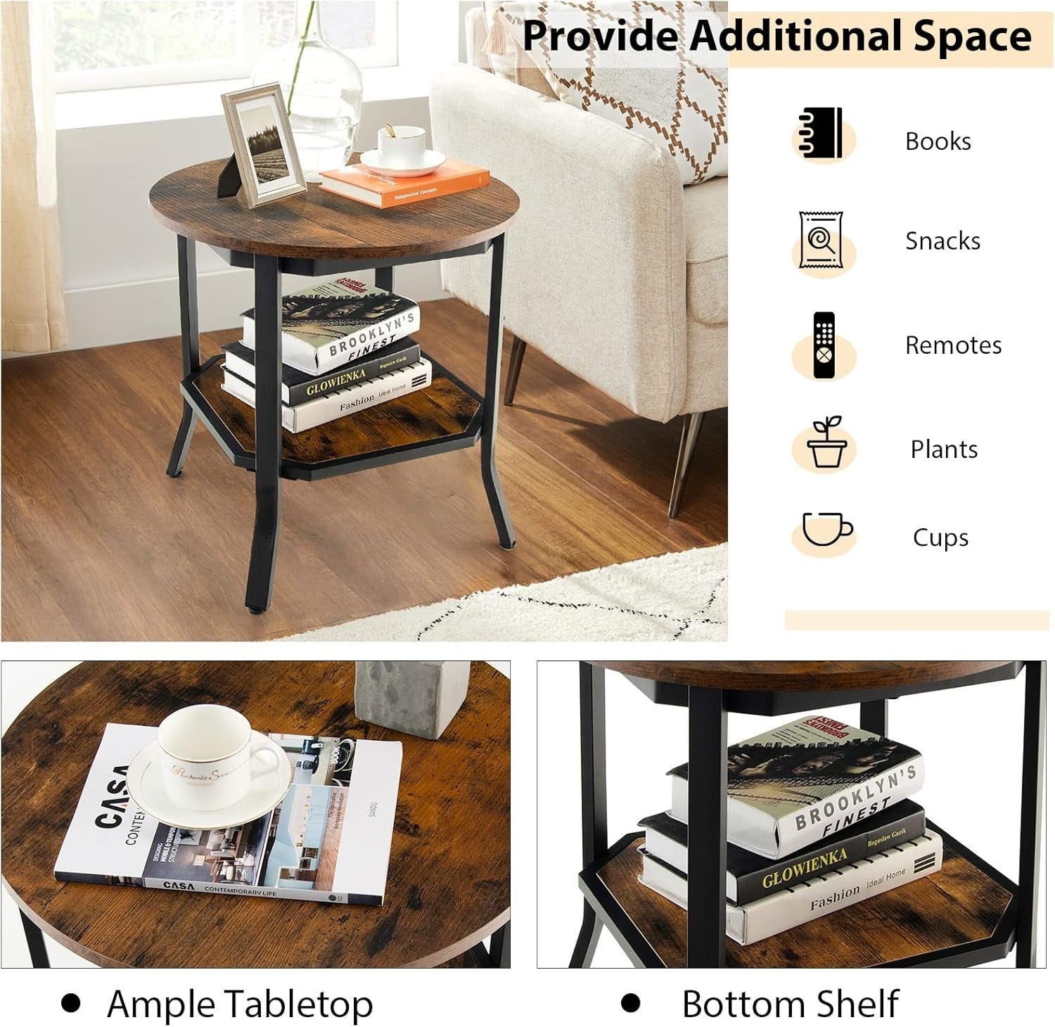 Round 2-Tier Industrial Side Table with Storage Shelf, Sturdy Metal Frame
