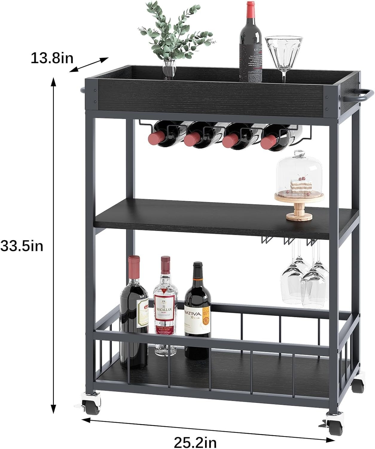 3 Tier Rolling Bar Cart with Wine Rack & Glass Holder Serving Trolley on Wheels