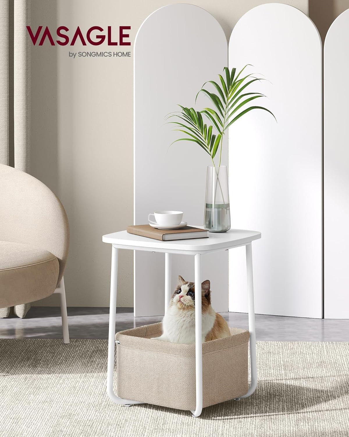 Modern White Bedside Table with Fabric Storage Basket, Small Side Table