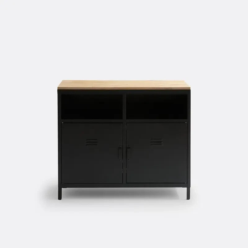 Industrial Black Metal Sideboard 2-Door Oak Top Storage Cabinet 100 cm