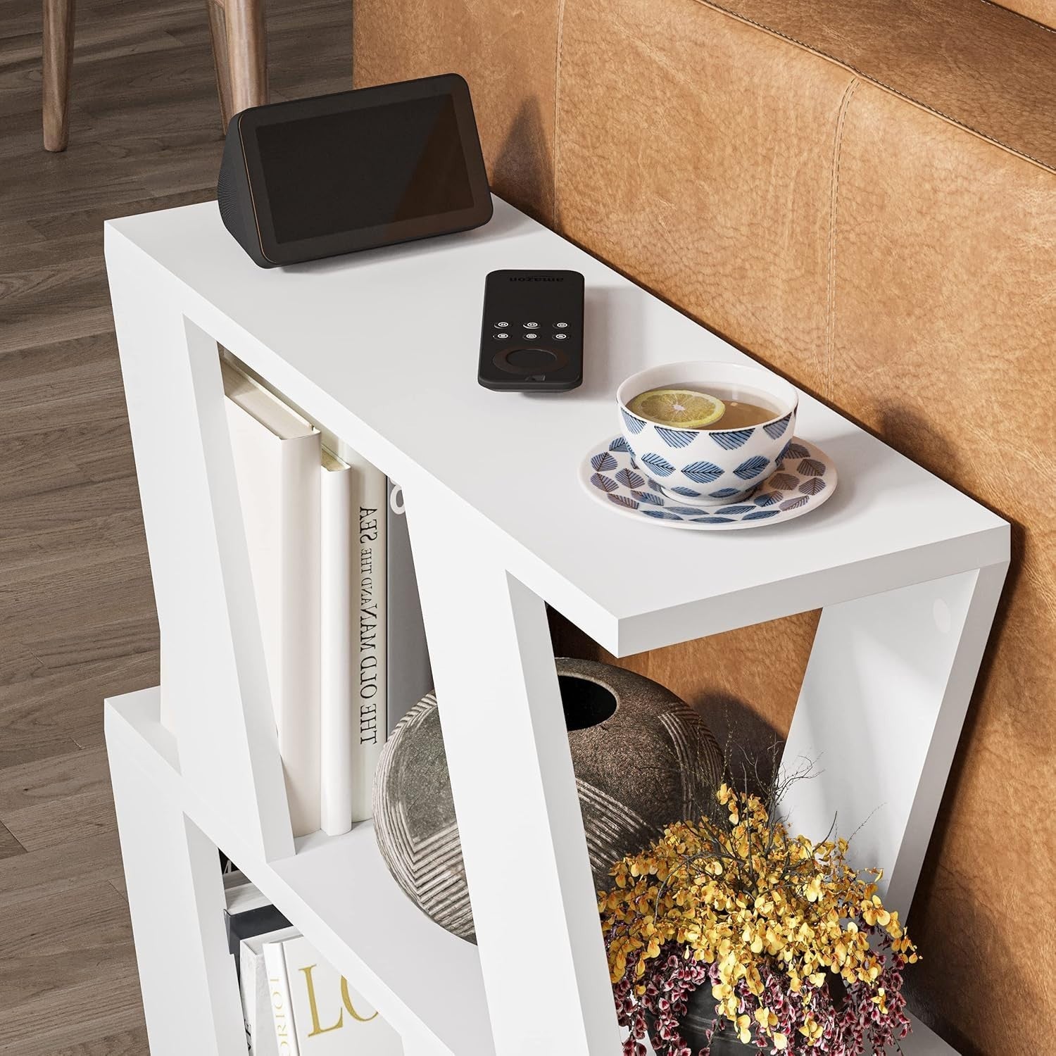 White Slim Side Table with Storage | 2 Tier Narrow Shelf Unit 60cm
