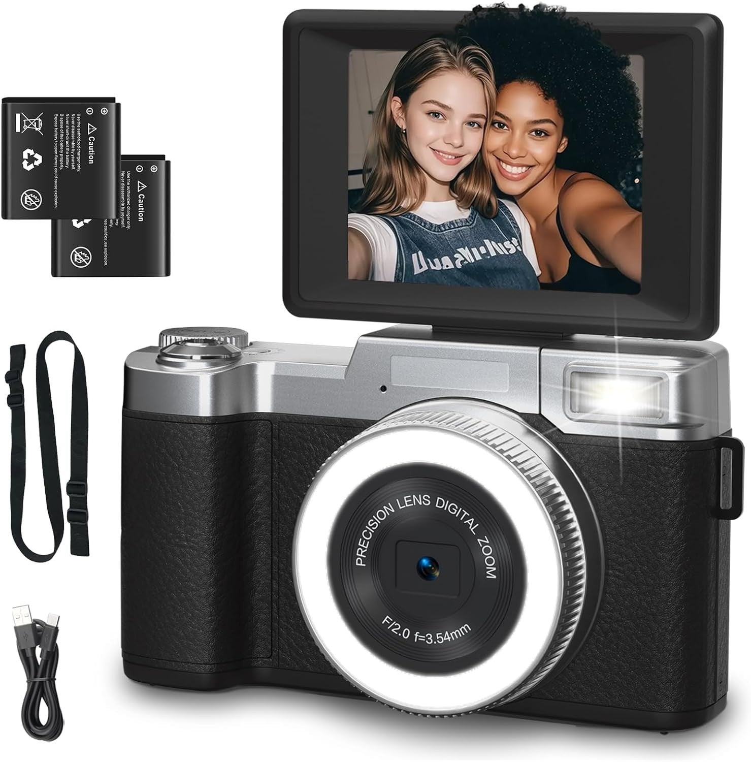 4K 64MP Vlogging Camera Flip Screen LED Selfie Light 2 Batteries