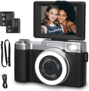 4K 64MP Vlogging Camera Flip Screen LED Selfie Light 2 Batteries