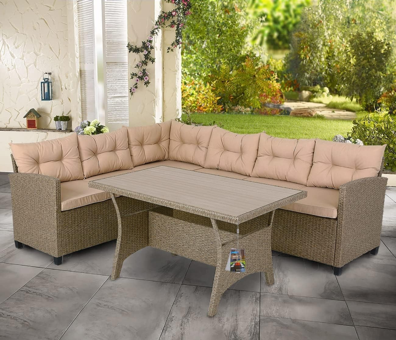 Outdoor Rattan Garden Corner Sofa Set with Cushions & WPC Table, Seats 6+