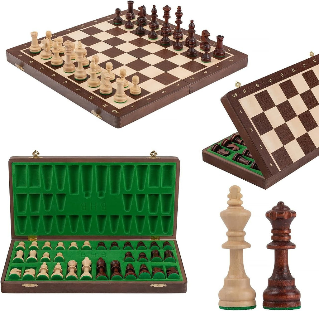 38cm Tournament Chess Set – Inlaid Folding Board & Weighted Wooden