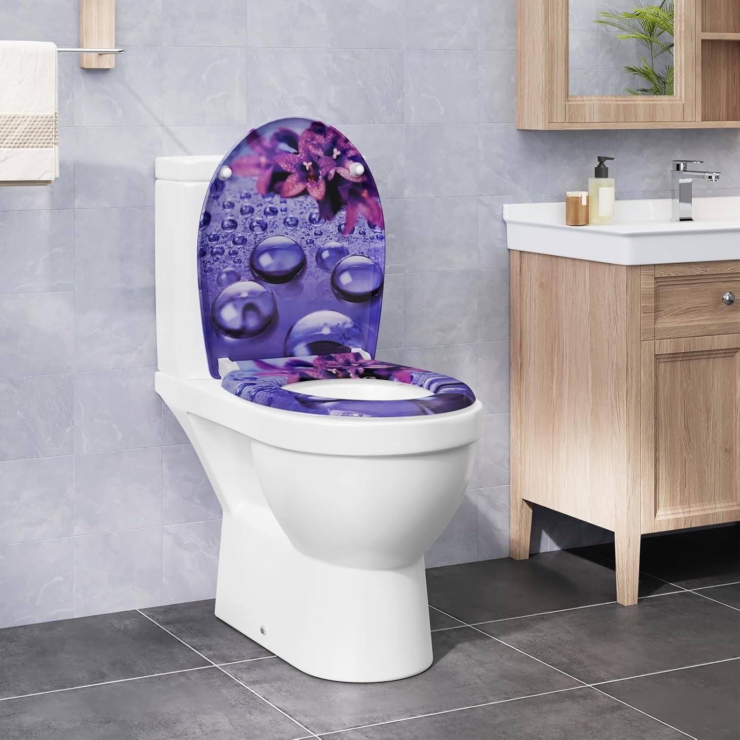 Soft Close O-Shaped Toilet Seat Quick Release Duroplast Violet Raindrops Print