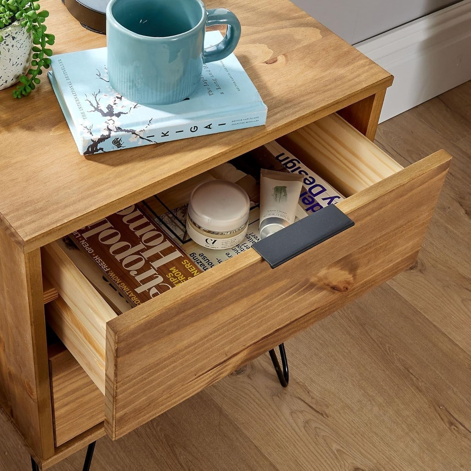 2 Drawer Pine Wood Bedside Table Nightstand Cabinet | Hairpin Legs
