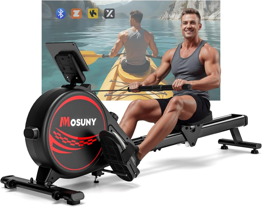 Magnetic Rowing Machine 16-Level Quiet Dual Rail Foldable App Compatible 350LB