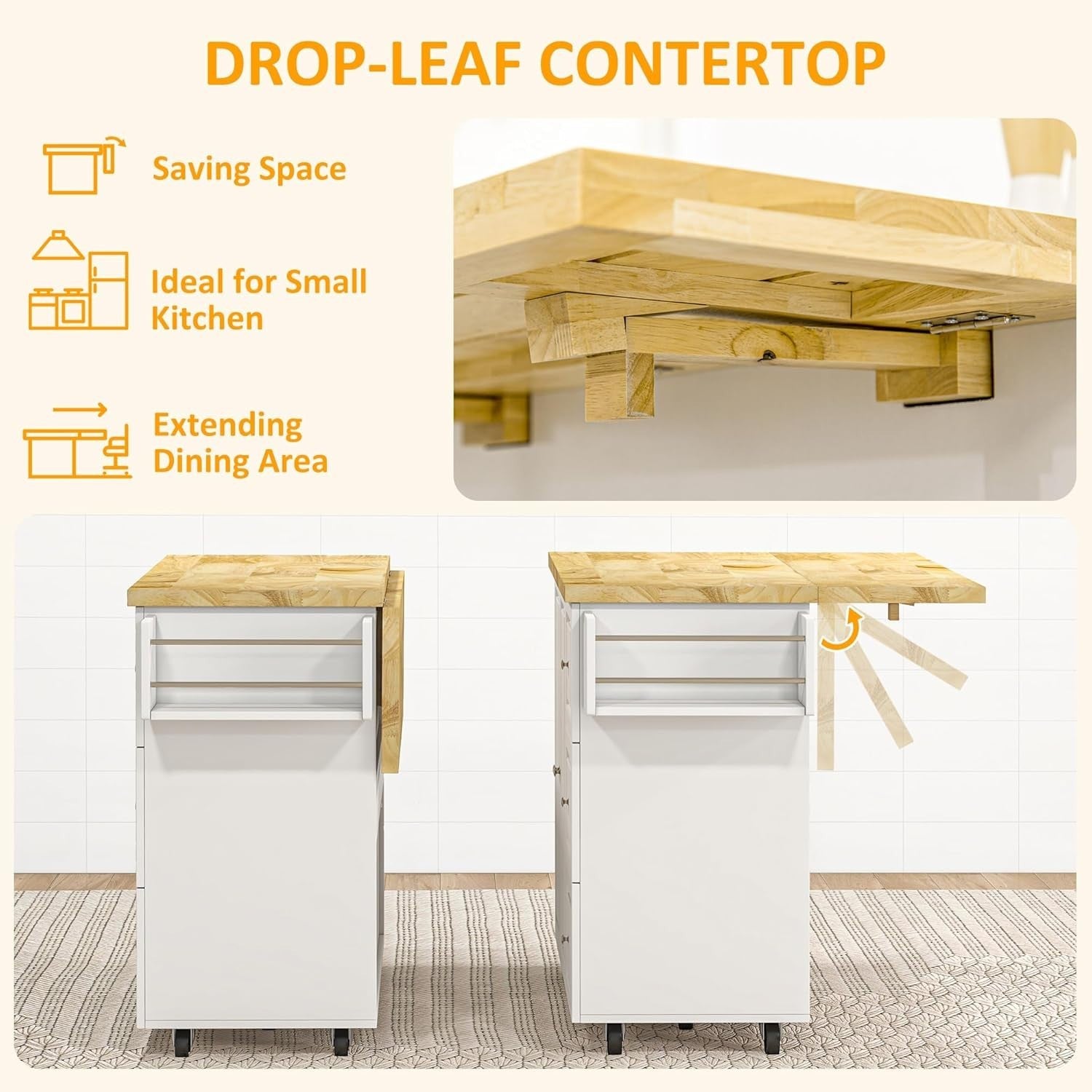 White Drop-Leaf Kitchen Island on Wheels with Drawers & Tiered Storage