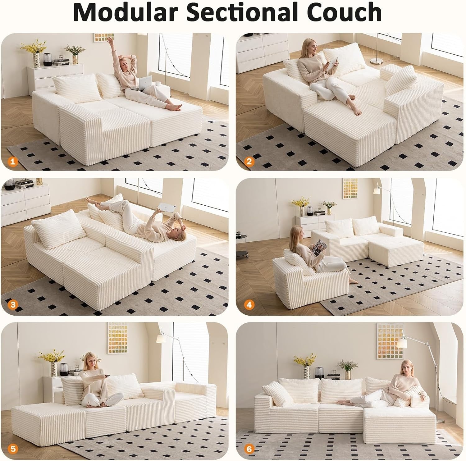 Oversized 3-4 Seater Modular L-Shaped Sofa Beige Memory Foam No Assembly