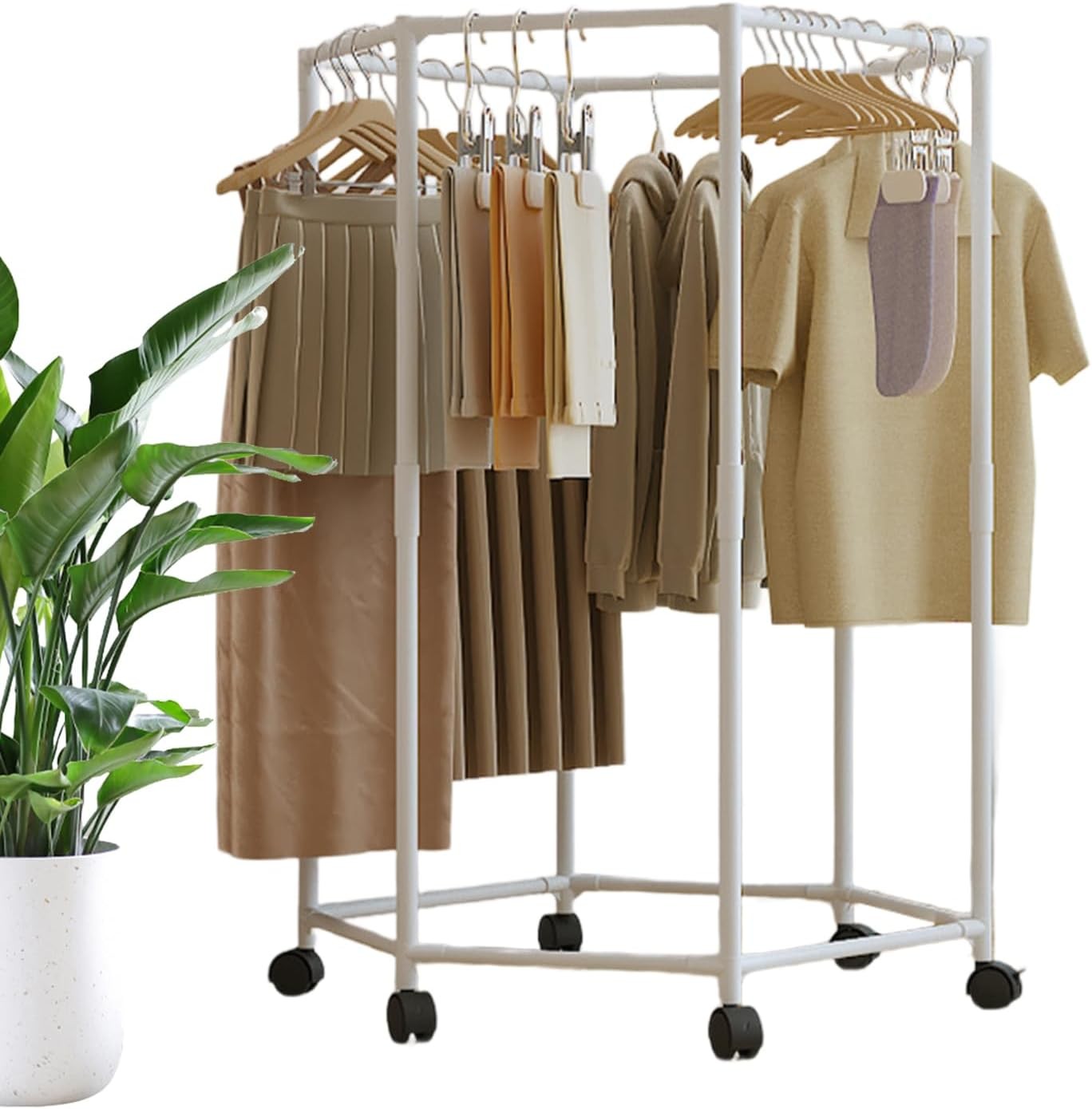 Hexagonal Clothes Drying Rack Rolling Laundry Rail Space Saving Indoor Outdoor