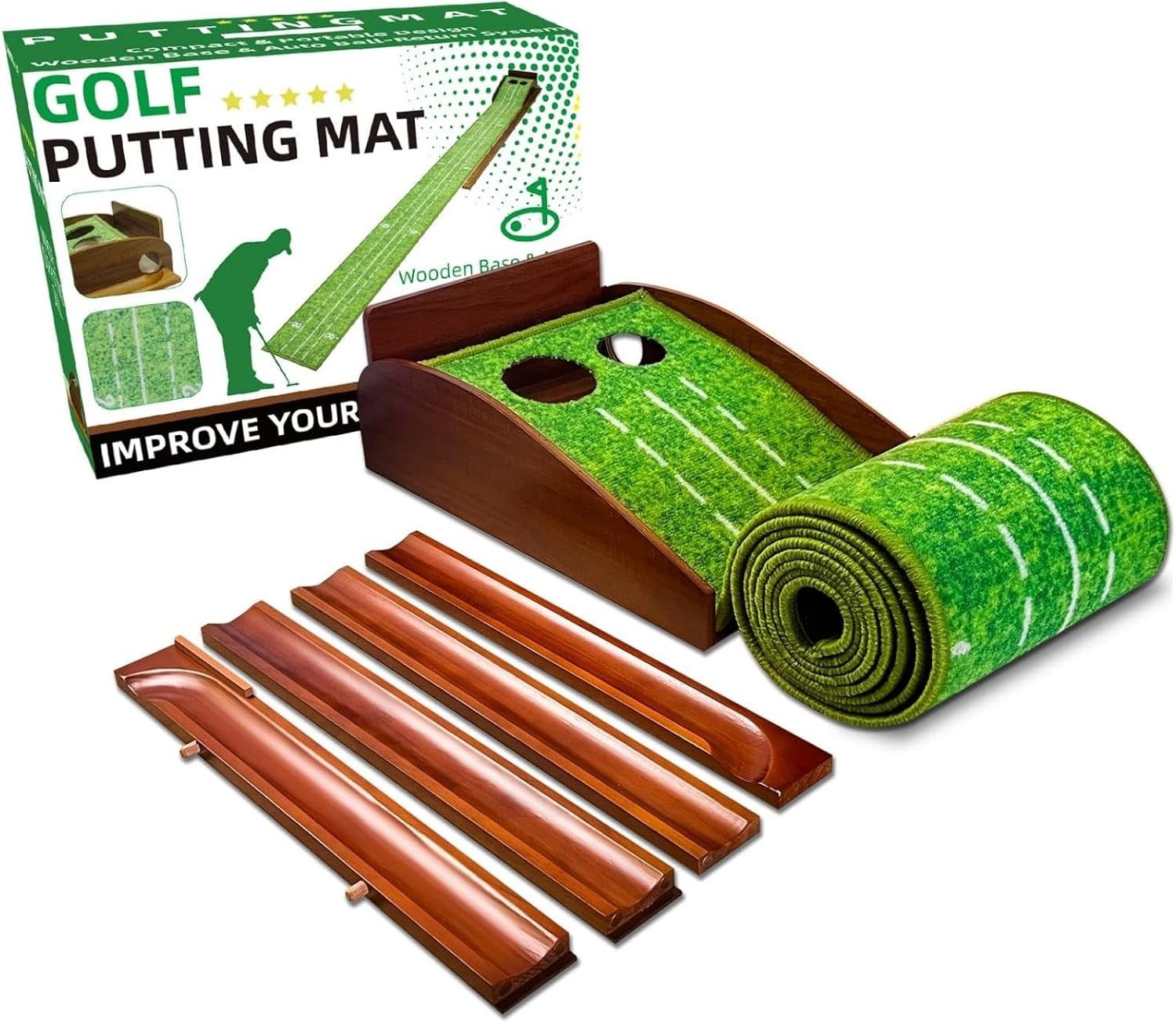Wooden Golf Putting Mat Indoor Outdoor Practice Trainer Return Ball