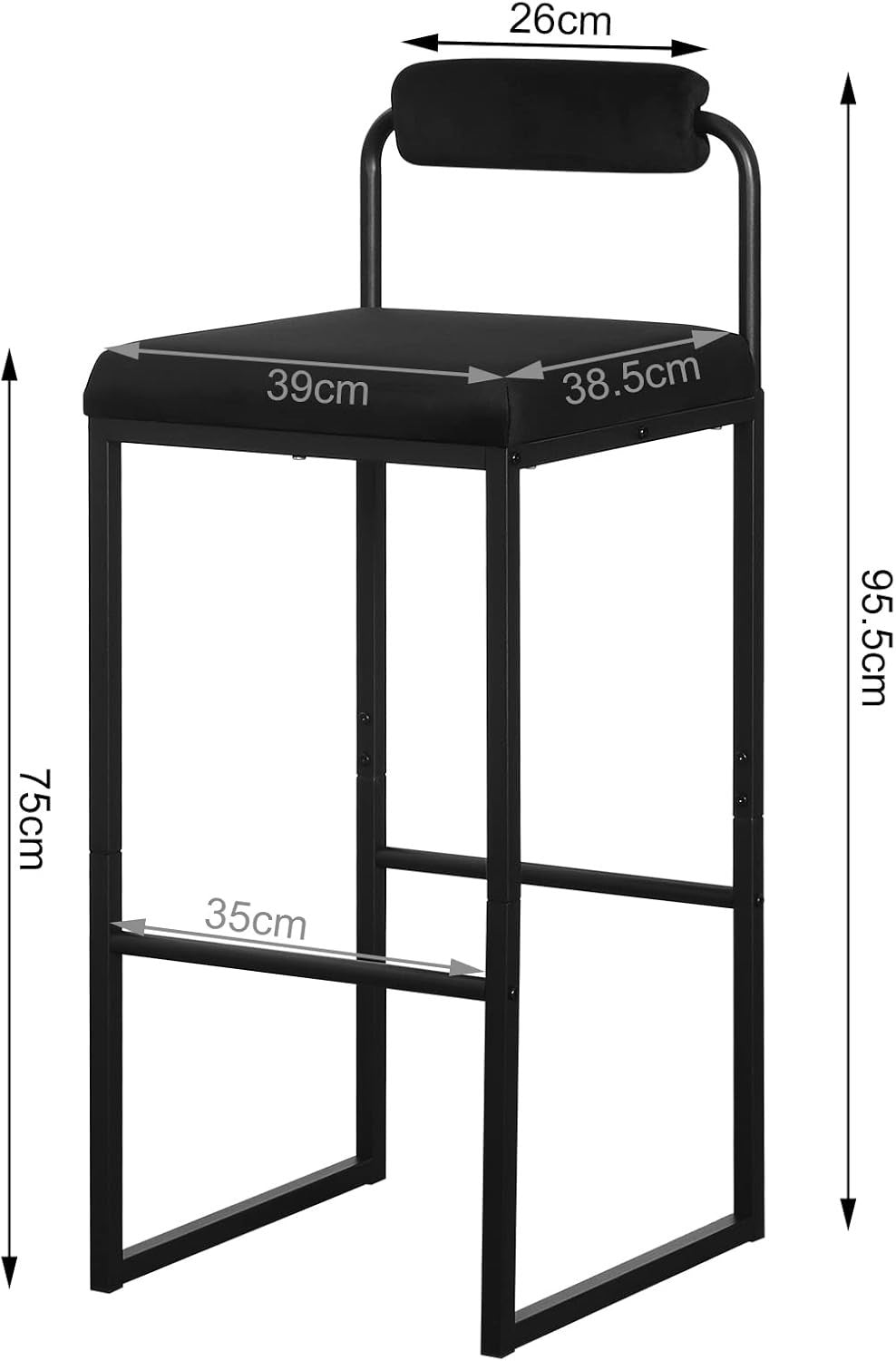 Bar Stools Set of 2 | Black Velvet L-Shaped Kitchen Breakfast Chairs