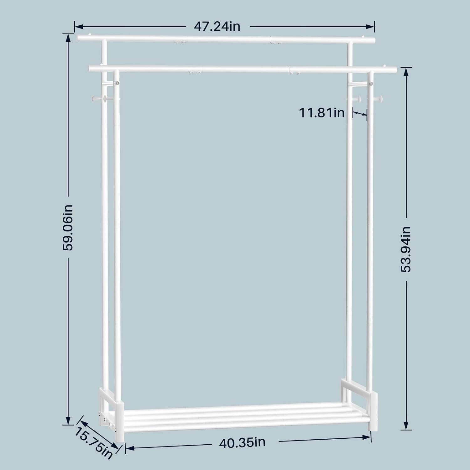 Double Clothes Rail with Shelf & Hooks – White 150cm