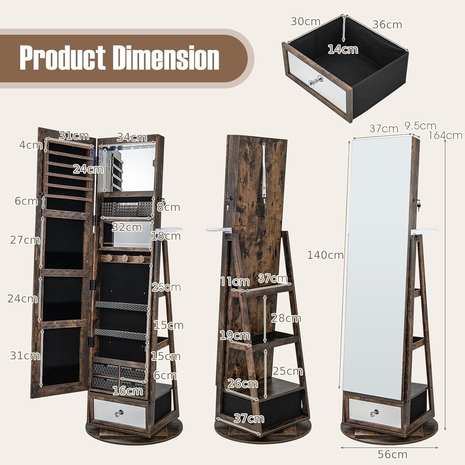 Rustic Brown 360° Swivel LED Jewelry Cabinet Mirror Lockable Storage Stand