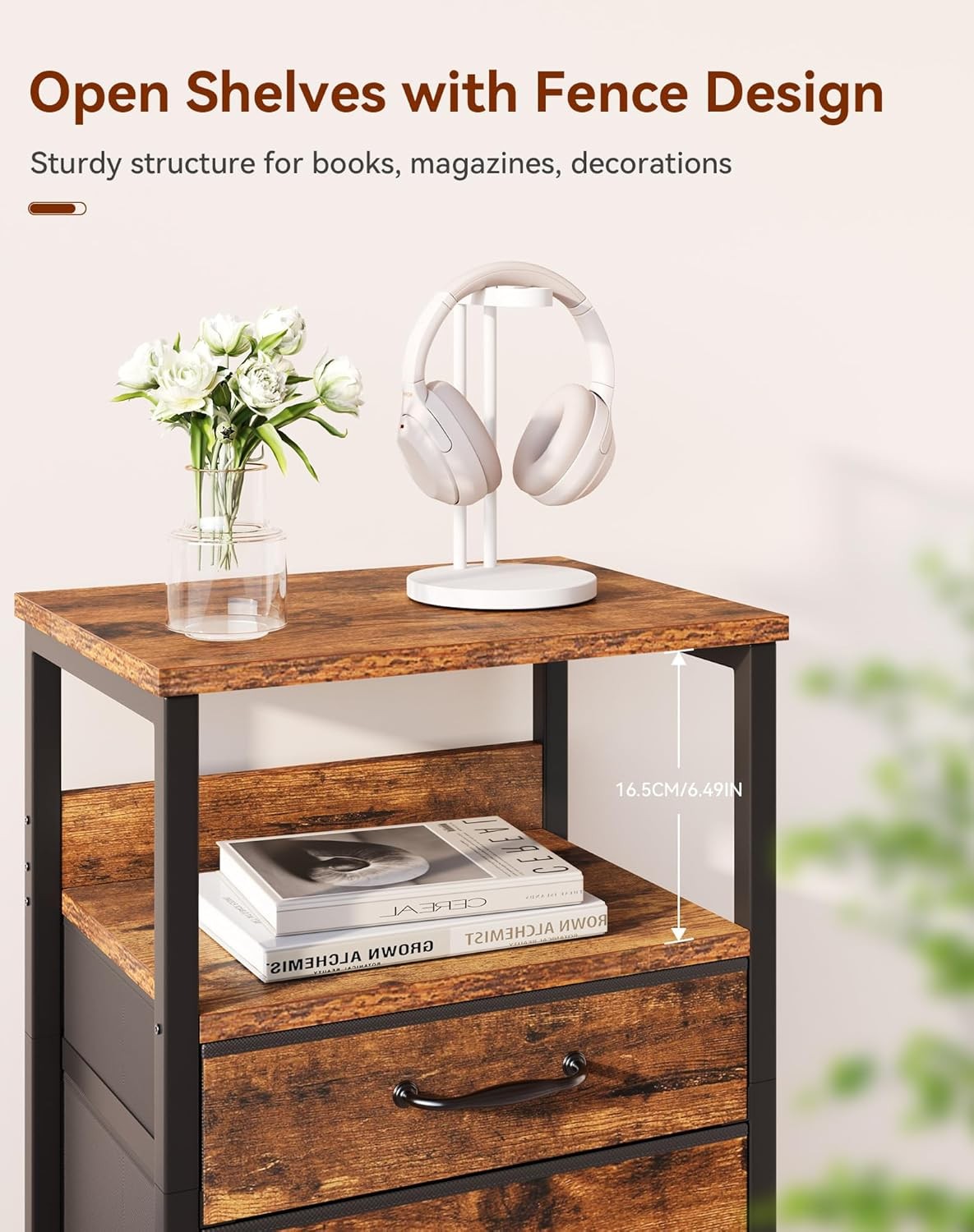Rustic Brown Bedside Table with 2 Drawers & Open Shelf – Metal Frame Storage Uni