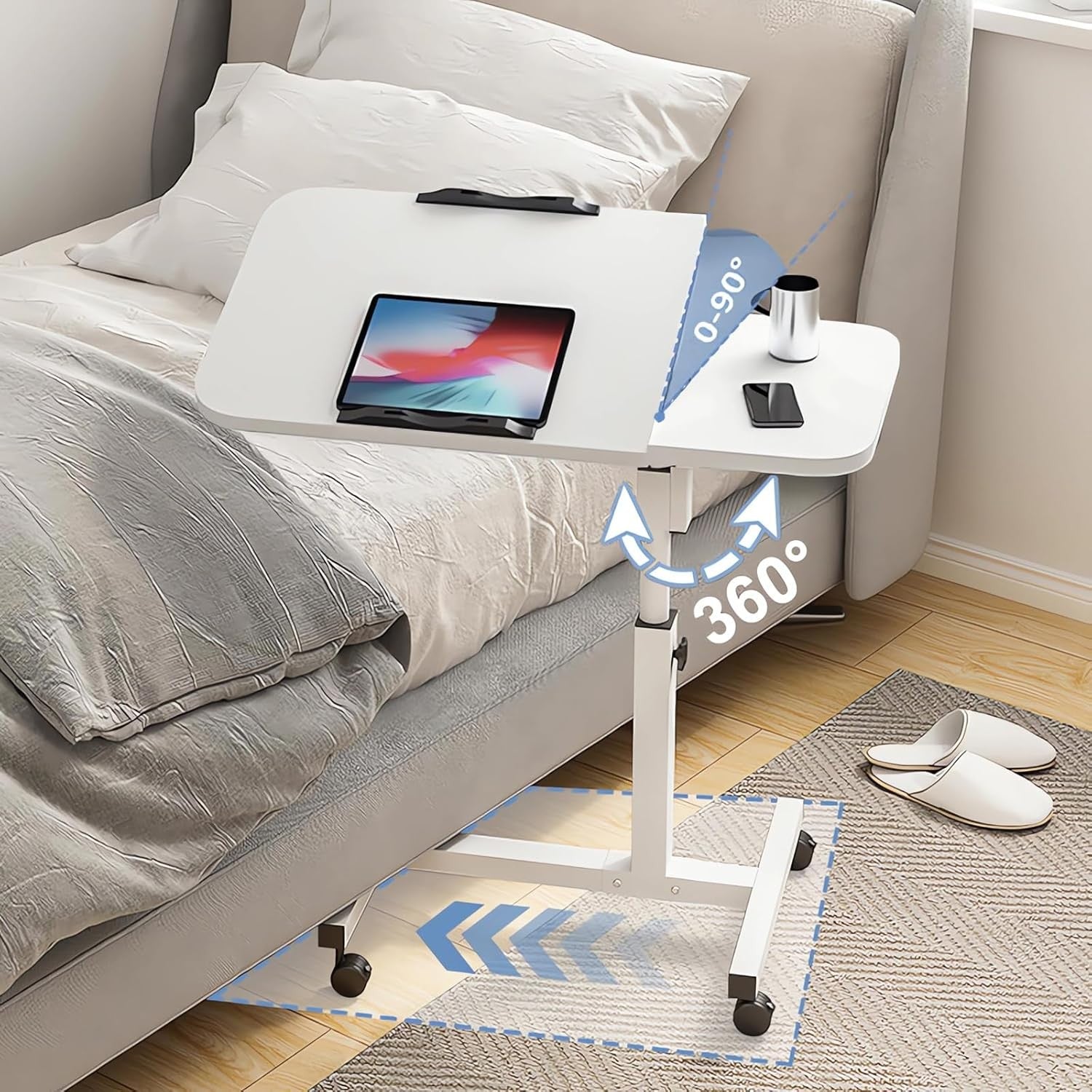 White Adjustable Side Table with Wheels C Shape Sofa Laptop Desk 360° Rotate