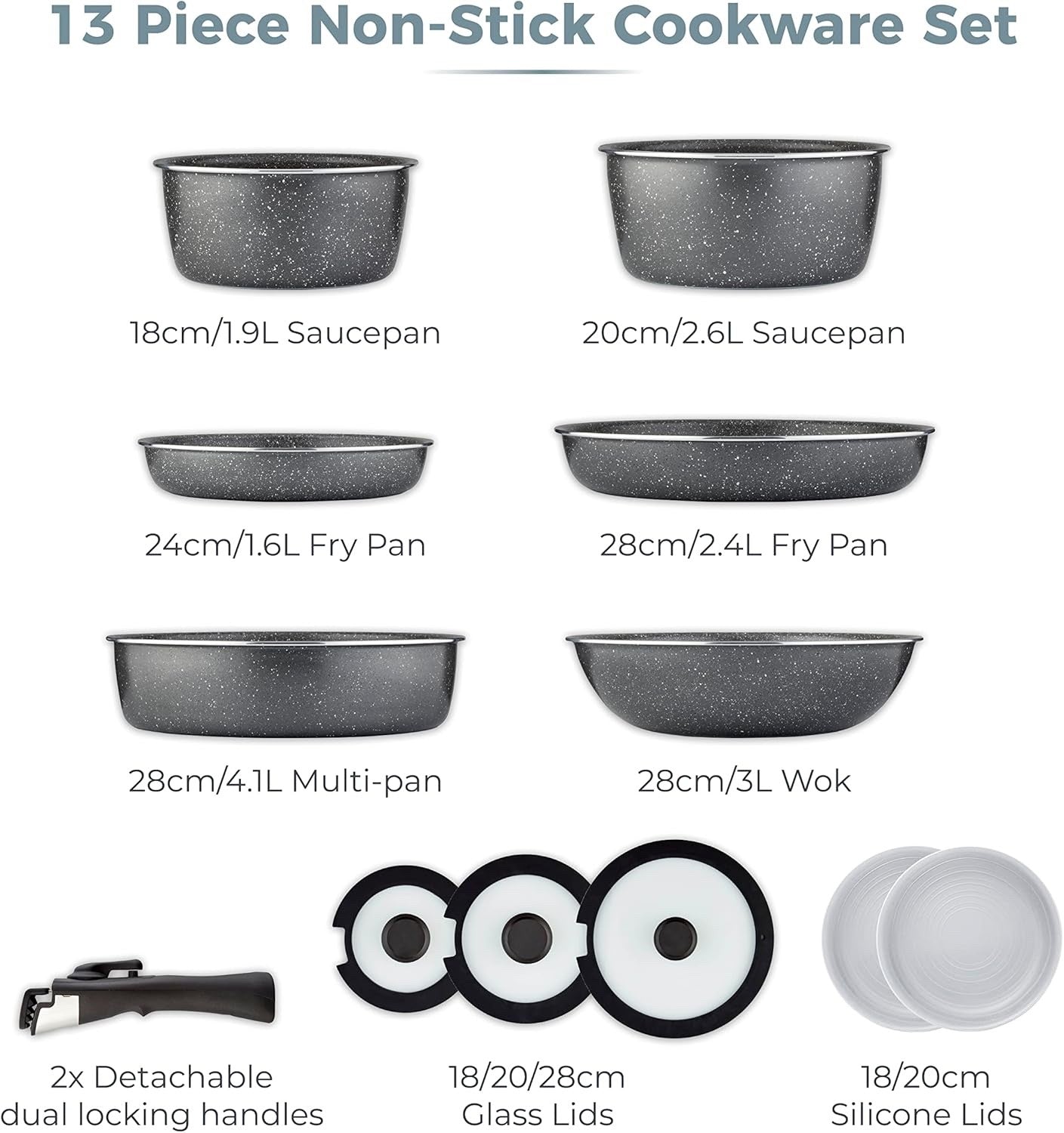 13pcs Graphite Non Stick Cookware Set  Stackable Pans with Detachable Handle
