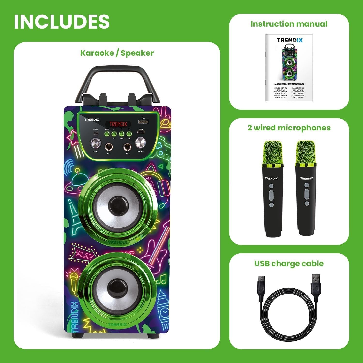 Neon Kids Karaoke Machine 2 Wireless Mics Green Bluetooth FM