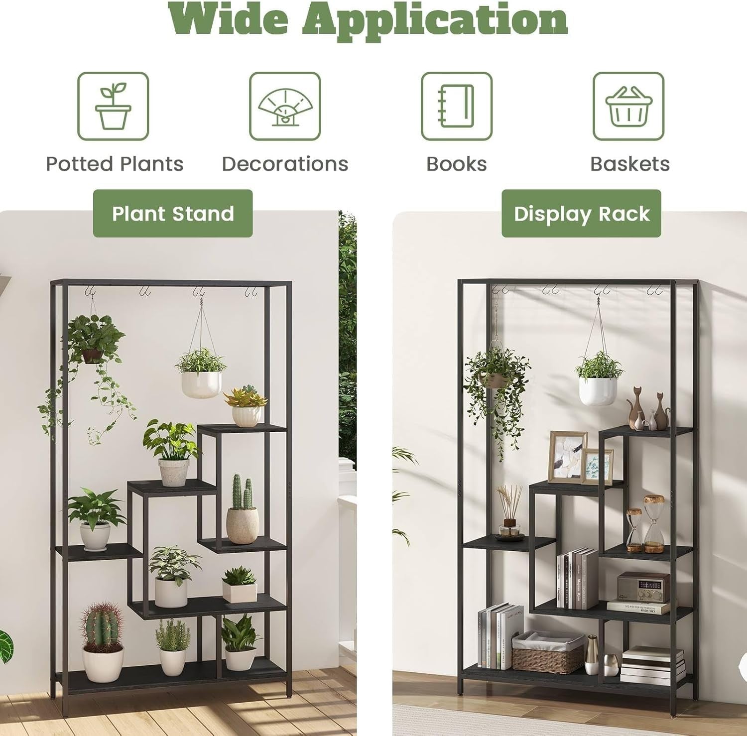 6 Tier Metal Plant Stand Tall Indoor Flower Shelf with Hooks for Balcony Living