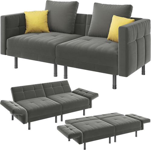 Luxury Grey Velvet Sofa Bed 2 Seater Futon Couch + Pillows Sleeper