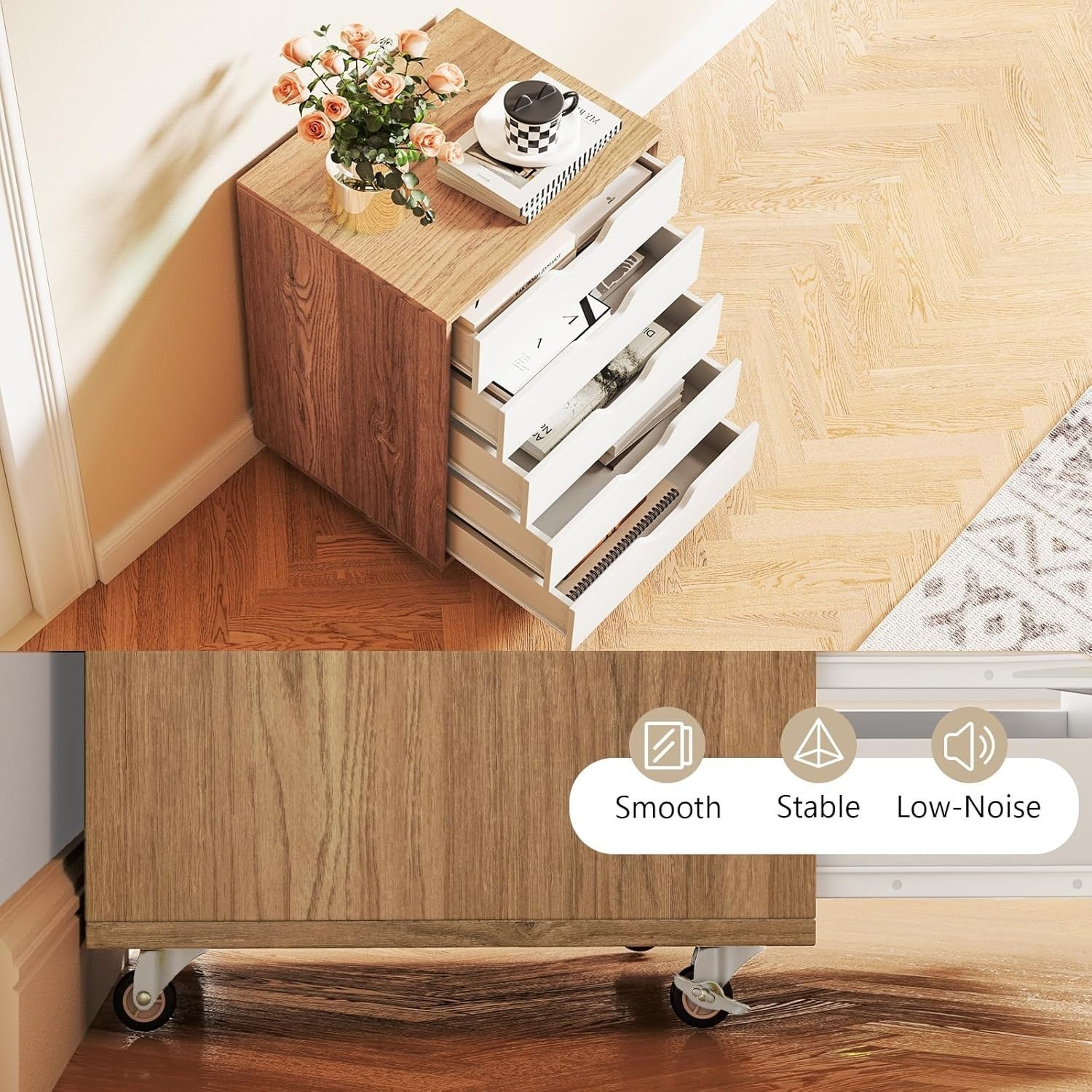 Natural Wood Mobile Filing Cabinet 5 Drawer Rolling Under Desk Storage