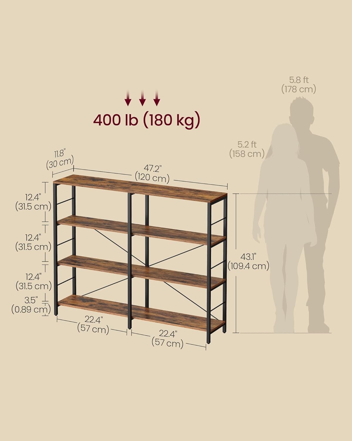 Industrial 4-Tier Wide Bookcase | Large Rustic Storage Shelf Room Divider 120cm