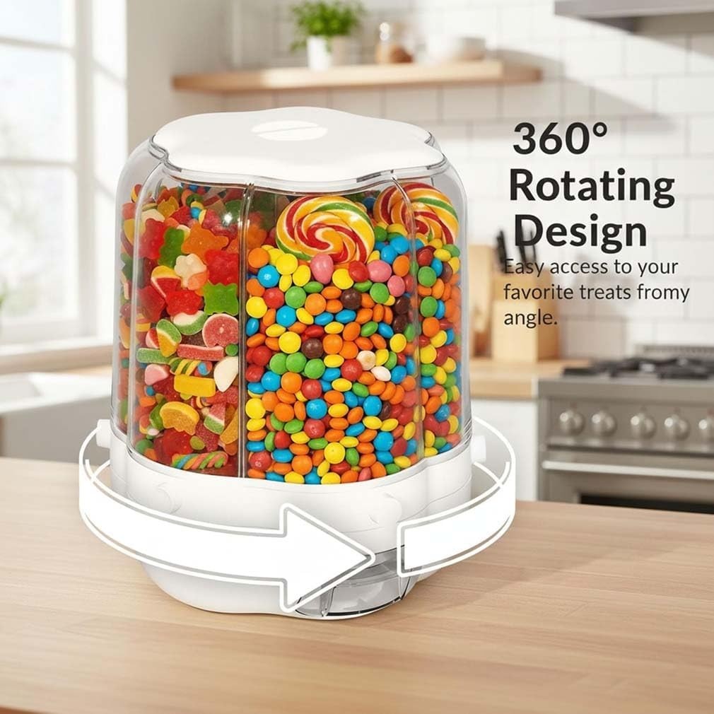 360° Rotating Candy Dispenser 6 Compartment Grain Snack Storage Bin