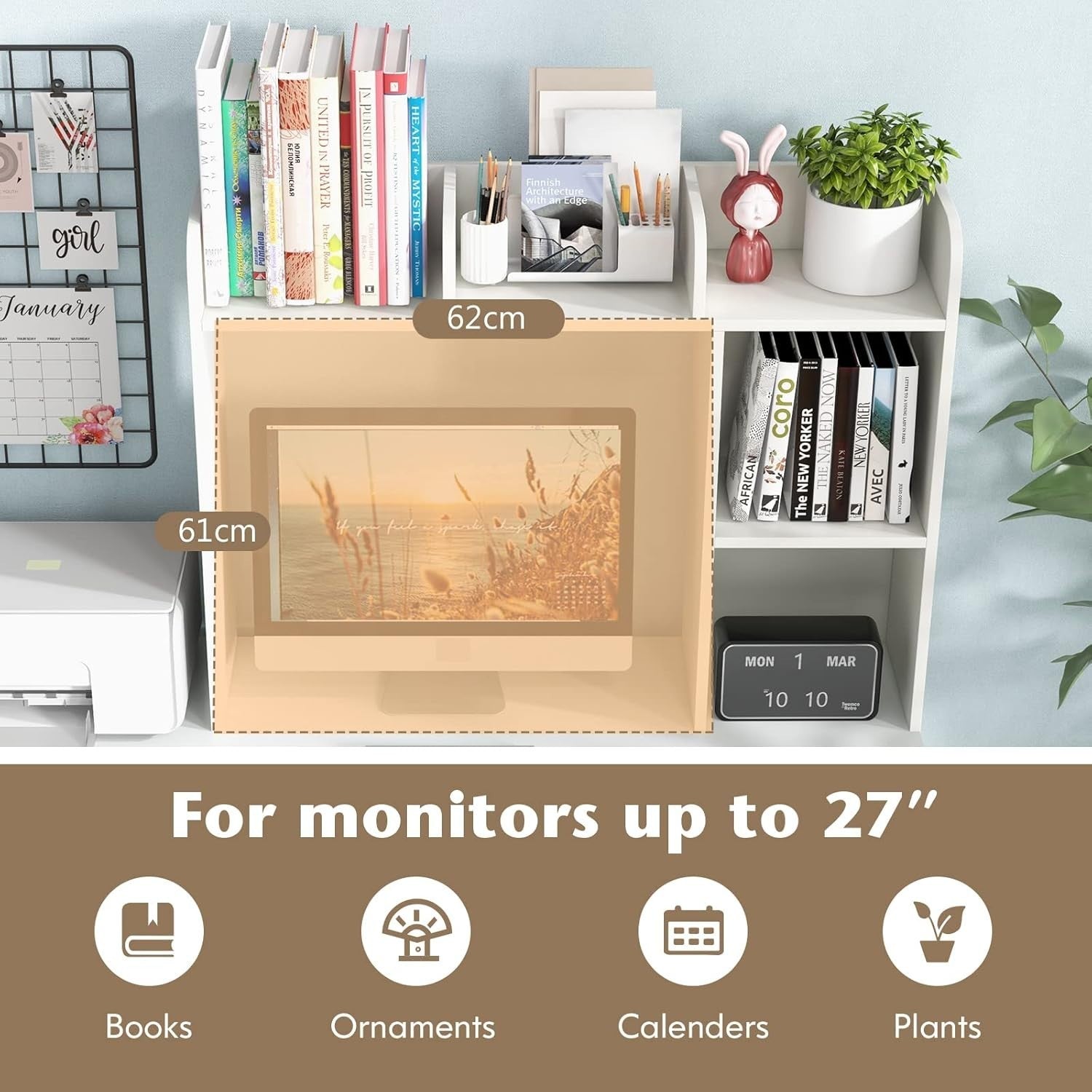 White Desktop Bookshelf 3-Shelf Storage Hutch Organizer Rack 94cm
