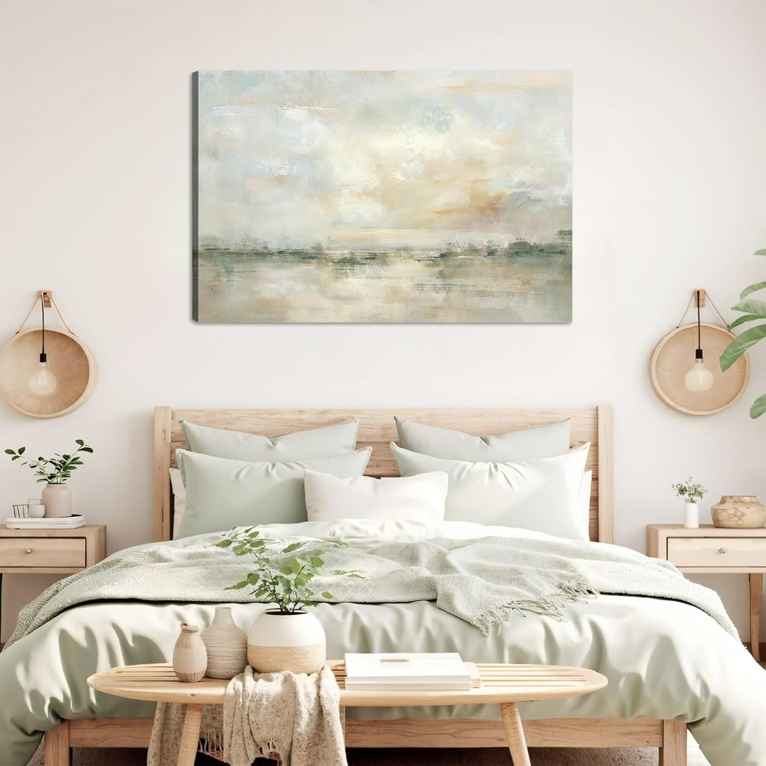 Abstract Neutral Canvas Wall Art Framed Modern Watercolor Landscape Decor