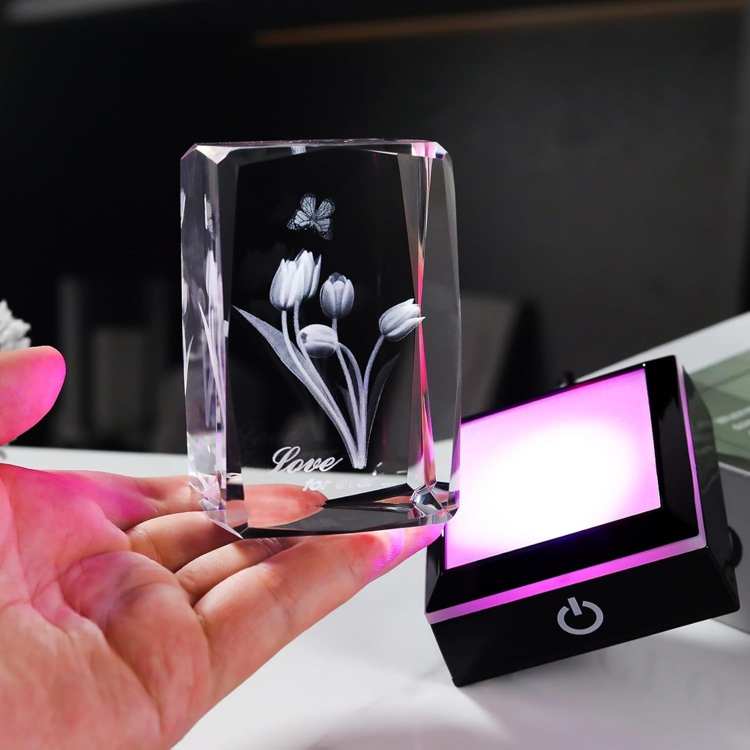 3D Crystal Tulip With Butterfly LED Light Base Gift Ornament For Women/Mum