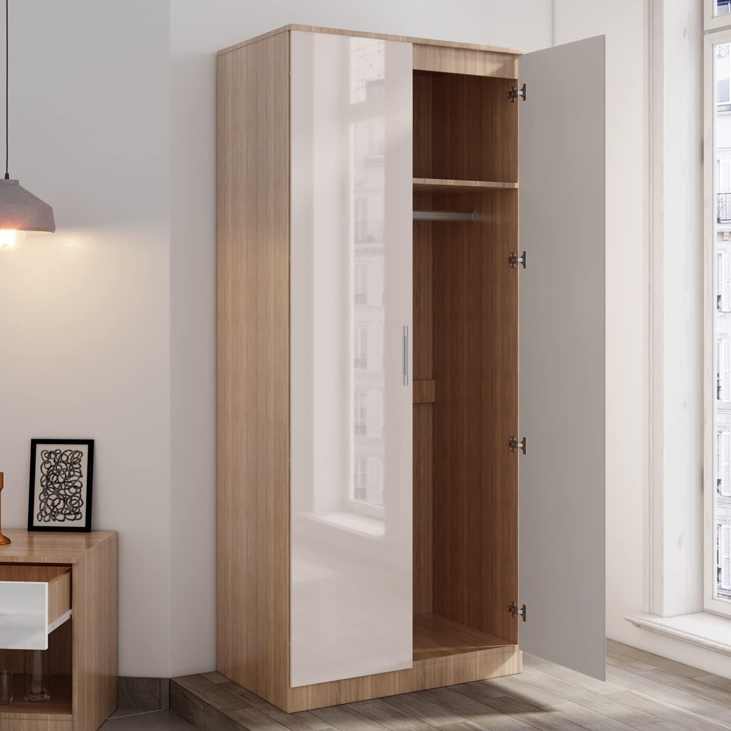 High Gloss 2 Door Wardrobe with Hanging Rail & Shelves - Bedroom Storage