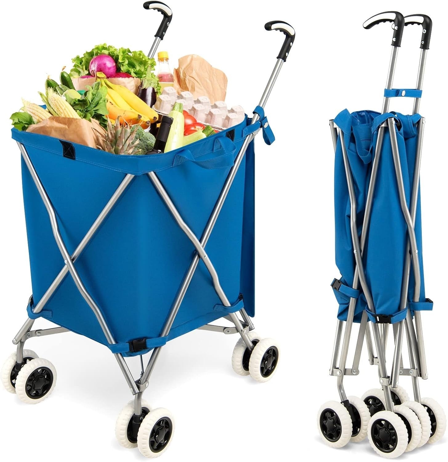 90L Folding Shopping Cart 8 Wheels Waterproof Grocery Trolley Blue