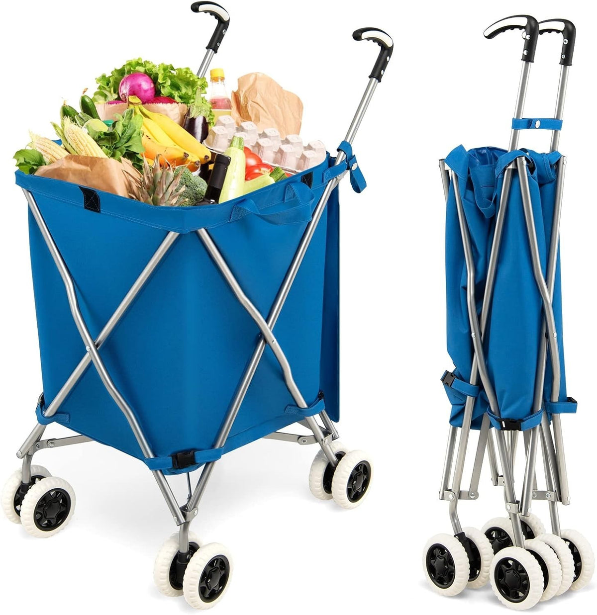 90L Folding Shopping Cart 8 Wheels Waterproof Grocery Trolley Blue
