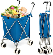 90L Folding Shopping Cart 8 Wheels Waterproof Grocery Trolley Blue