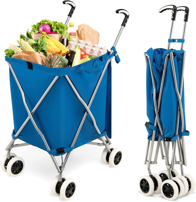 90L Folding Shopping Cart 8 Wheels Waterproof Grocery Trolley Blue