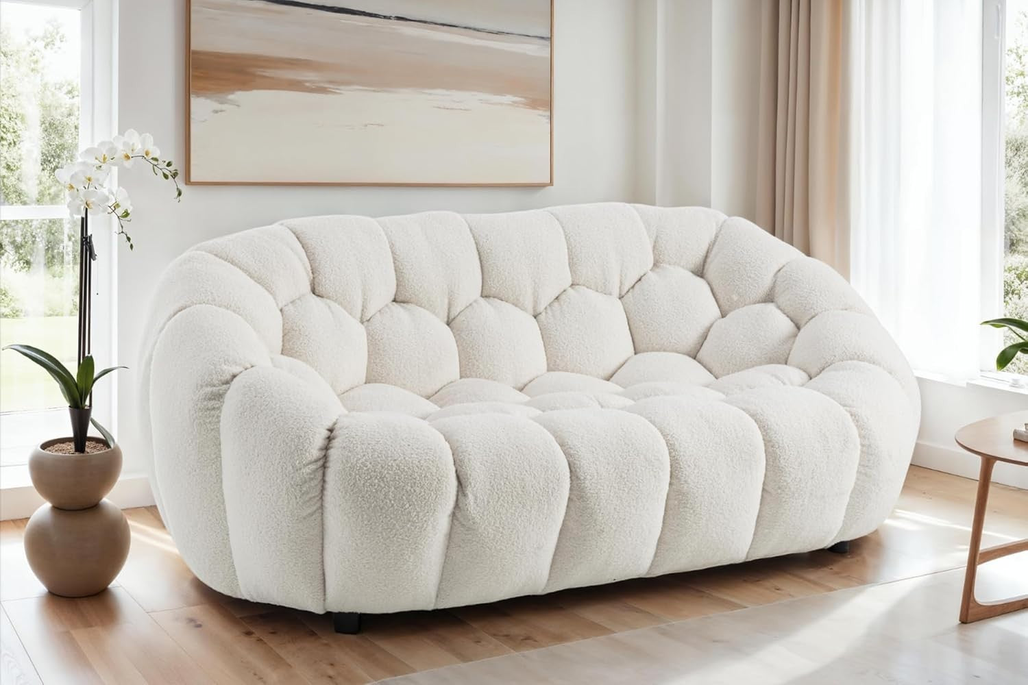 White Boucle 2 Seater Sofa Modern Tufted Teddy Fabric Couch for Living Room