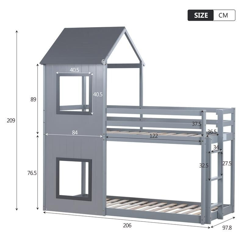 3FT Grey Treehouse Bunk Bed Kids Solid Wood Frame with Canopy Ladder Safety Rail