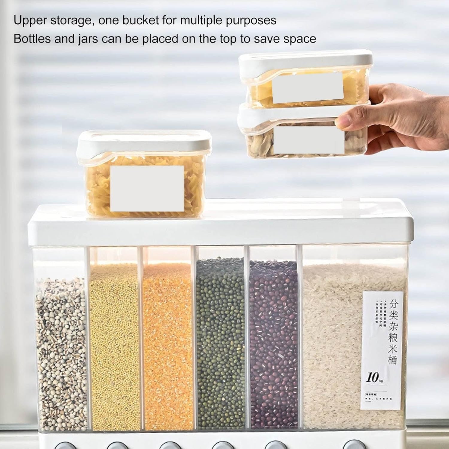 10L Wall Mounted Rice Dispenser 6 Grid Sealed Grain Storage Bin
