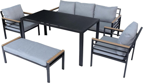 6 Seat Garden Furniture Set Black Aluminium Grey Cushions Dining Patio