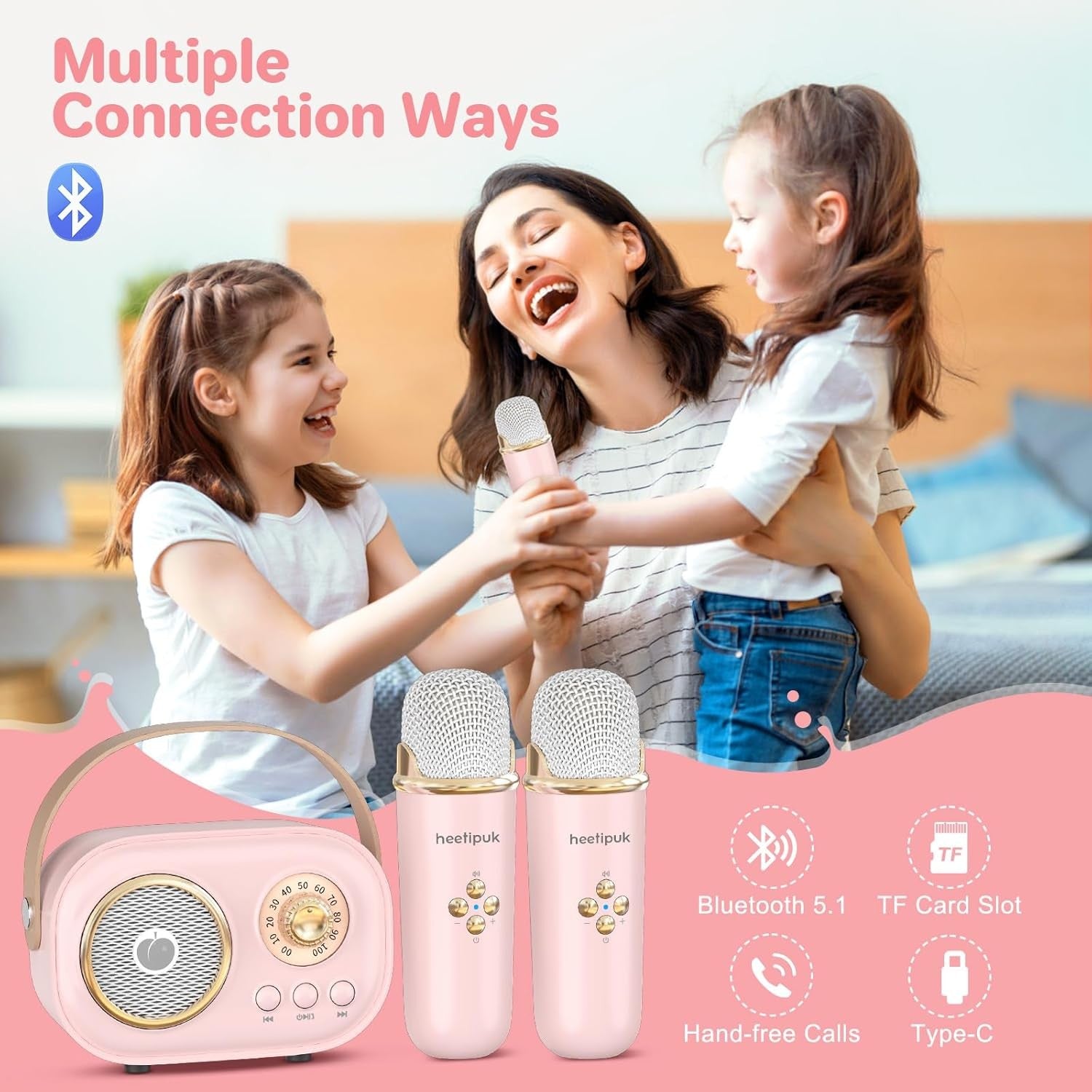 Mini Karaoke Machine Portable Bluetooth 2 Wireless Mics Kids Teens Pink