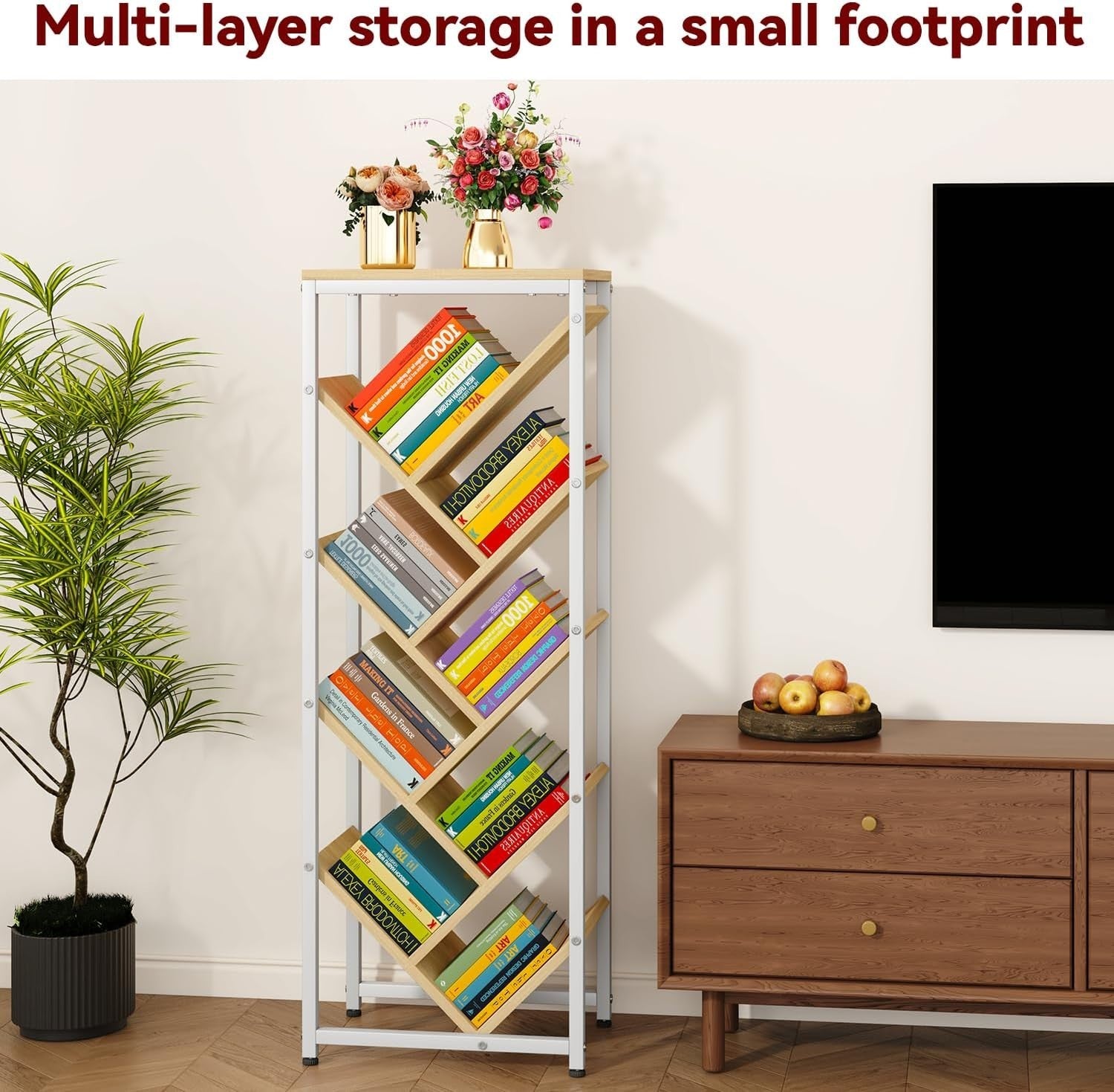 9-Tier Tree Bookshelf Wooden Floor Standing Corner Bookcase Narrow Space