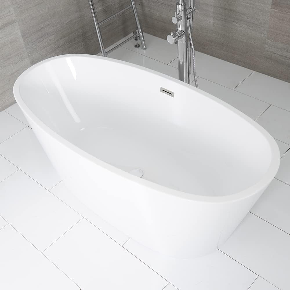 1595x740mm Freestanding Double Ended Oval Bath White Acrylic w/ Chrome Waste