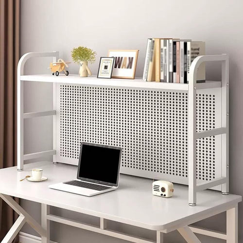 White Desk Hutch Bookshelf w/ Pegboard | Metal Countertop Organizer 55×20×68cm