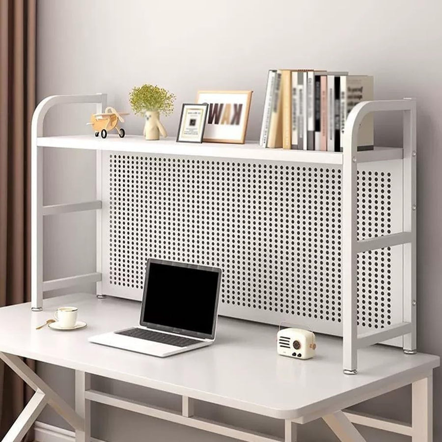 White Desk Hutch Bookshelf w/ Pegboard | Metal Countertop Organizer 55×20×68cm