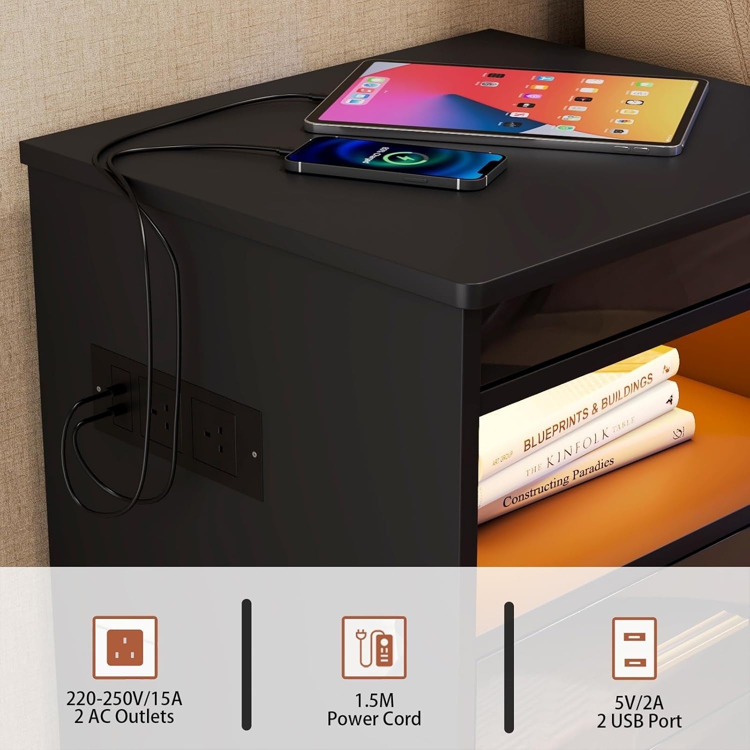 Black LED Bedside Table with USB Charging Ports, Lockable Drawers & RGB Lights