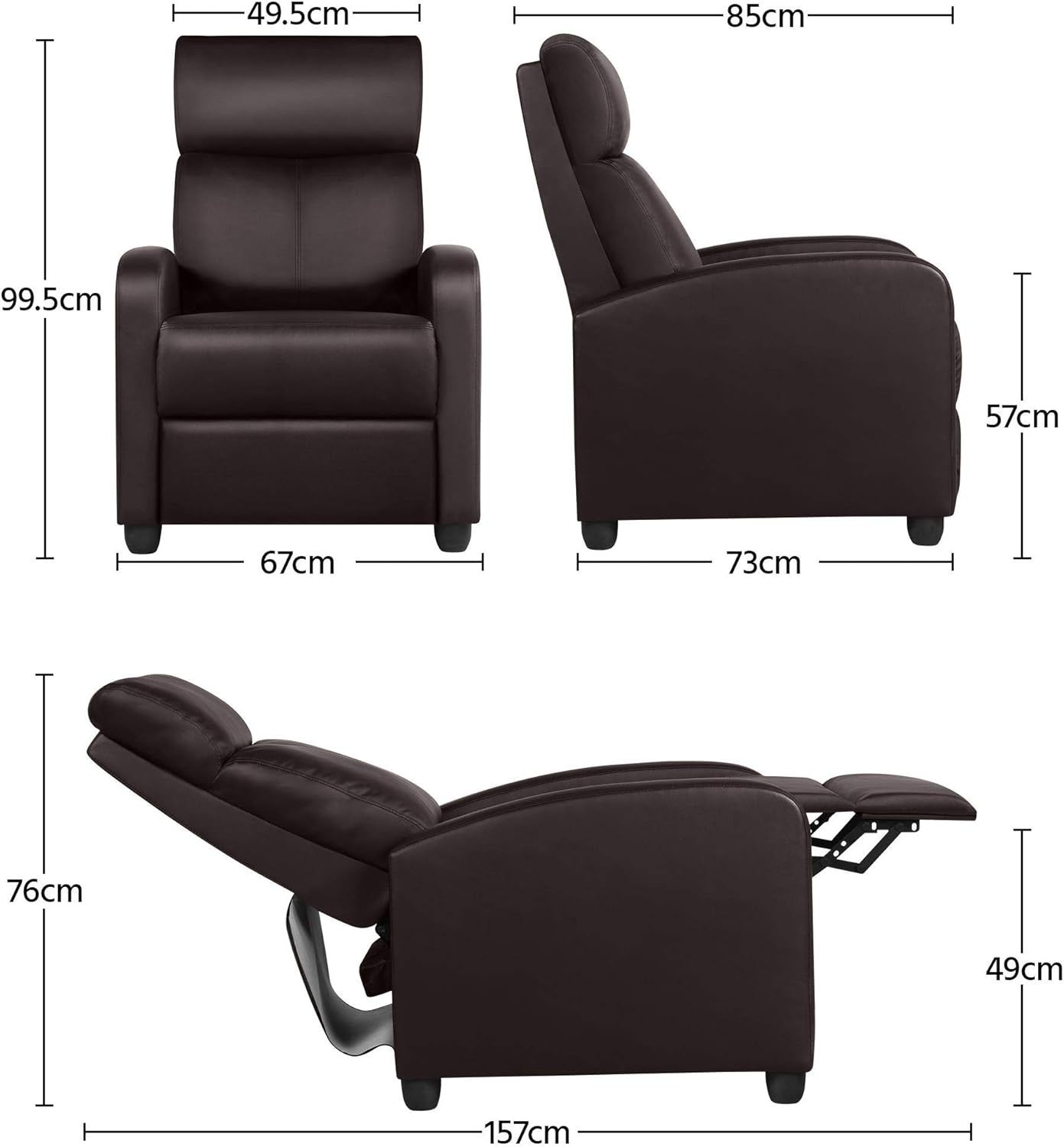 Brown Faux Leather Recliner Chair Adjustable Armchair Home Cinema Seat