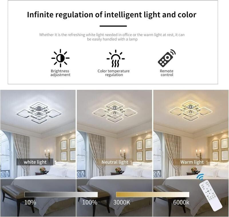 Modern LED Ceiling Light 100W Dimmable Remote Chrome Square 5 Lights