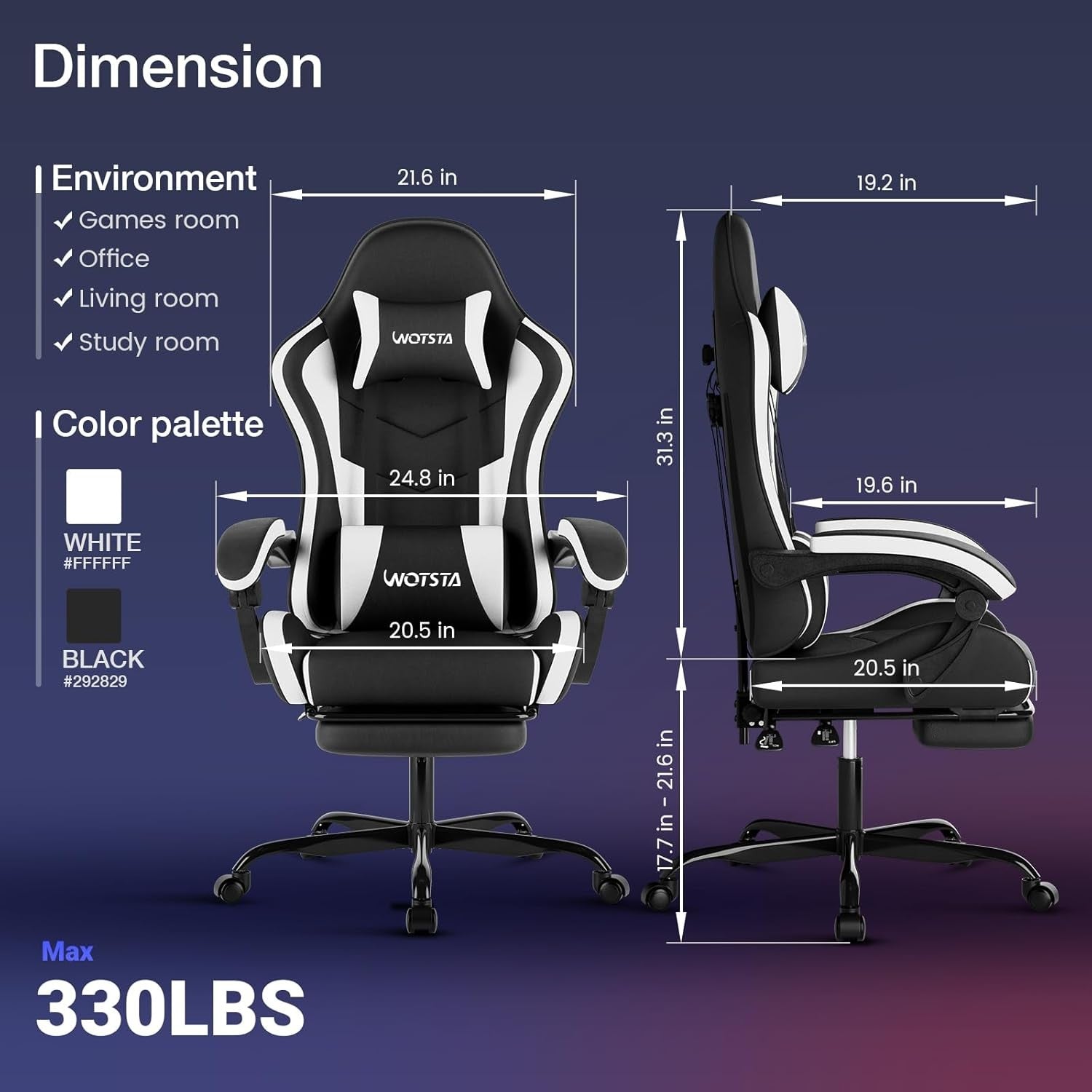 Ergonomic Gaming Chair with Footrest & Lumbar Support – Black White PC Seat